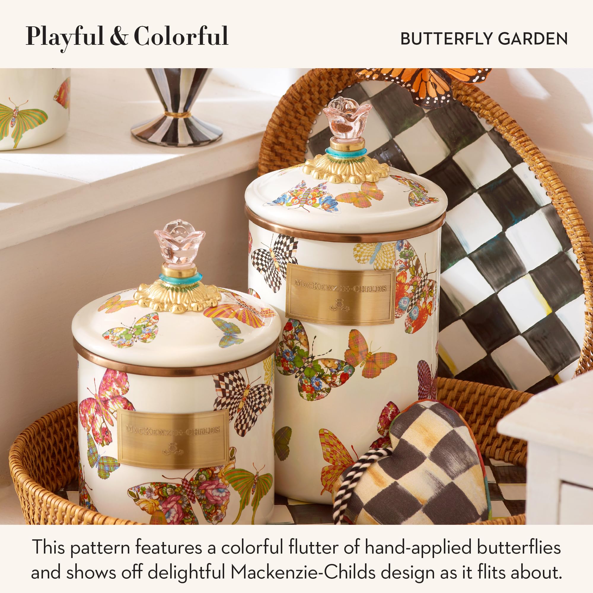 Lata esmaltada Mackenzie-Childs para café en polvo, diseño decorativo.