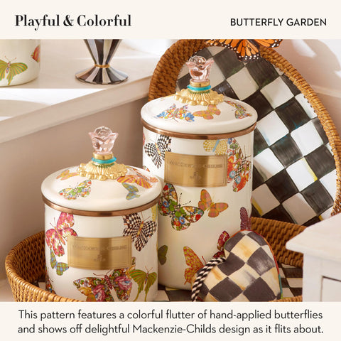 Lata esmaltada Mackenzie-Childs para café en polvo, diseño decorativo.