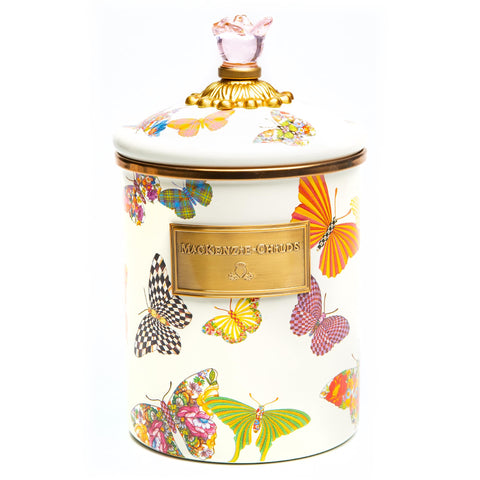 Lata esmaltada Mackenzie-Childs Jardín de Mariposas mediana para café en polvo.