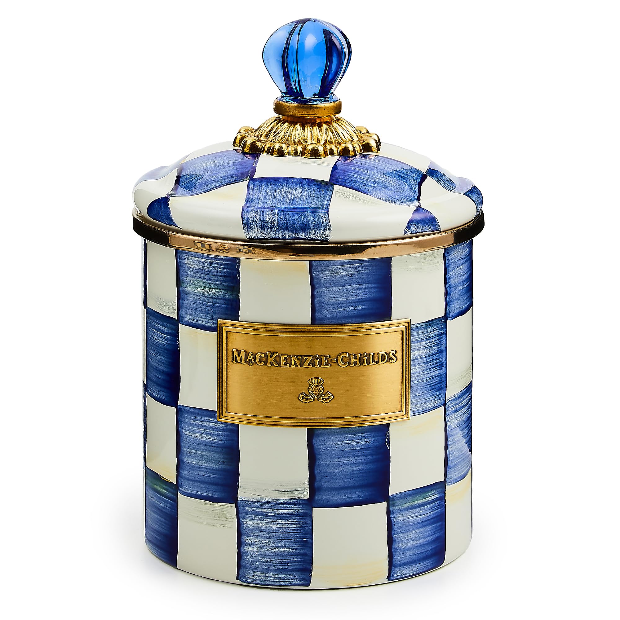Lata esmaltada Mackenzie-Childs Royal Check frontal para harina.