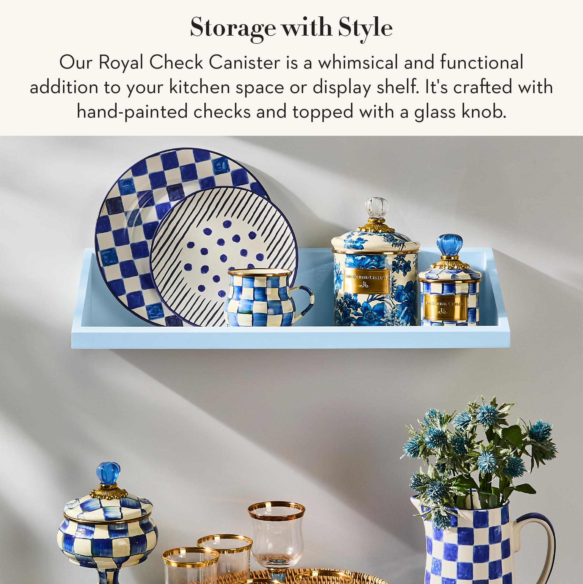 Lata esmaltada Mackenzie-Childs Royal Check, tapa de cristal para azúcar.