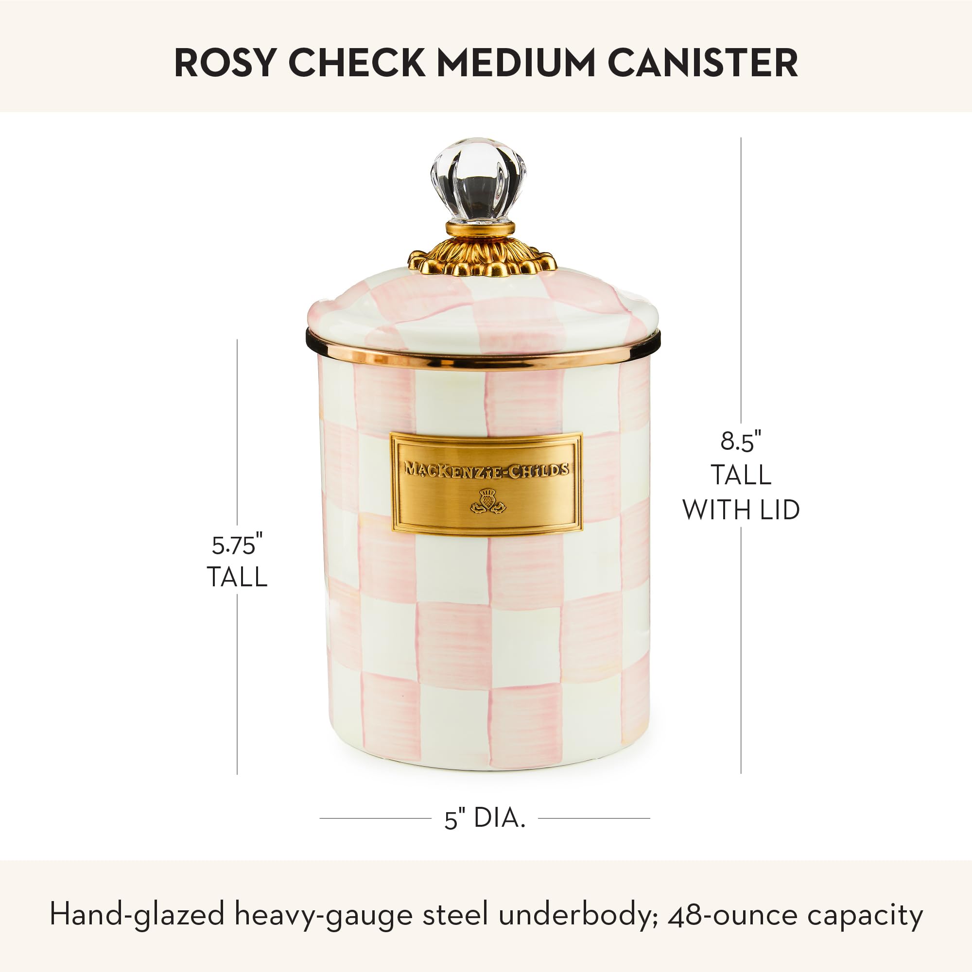 Espacio de almacenamiento en lata esmaltada Rosy Check para ingredientes secos.