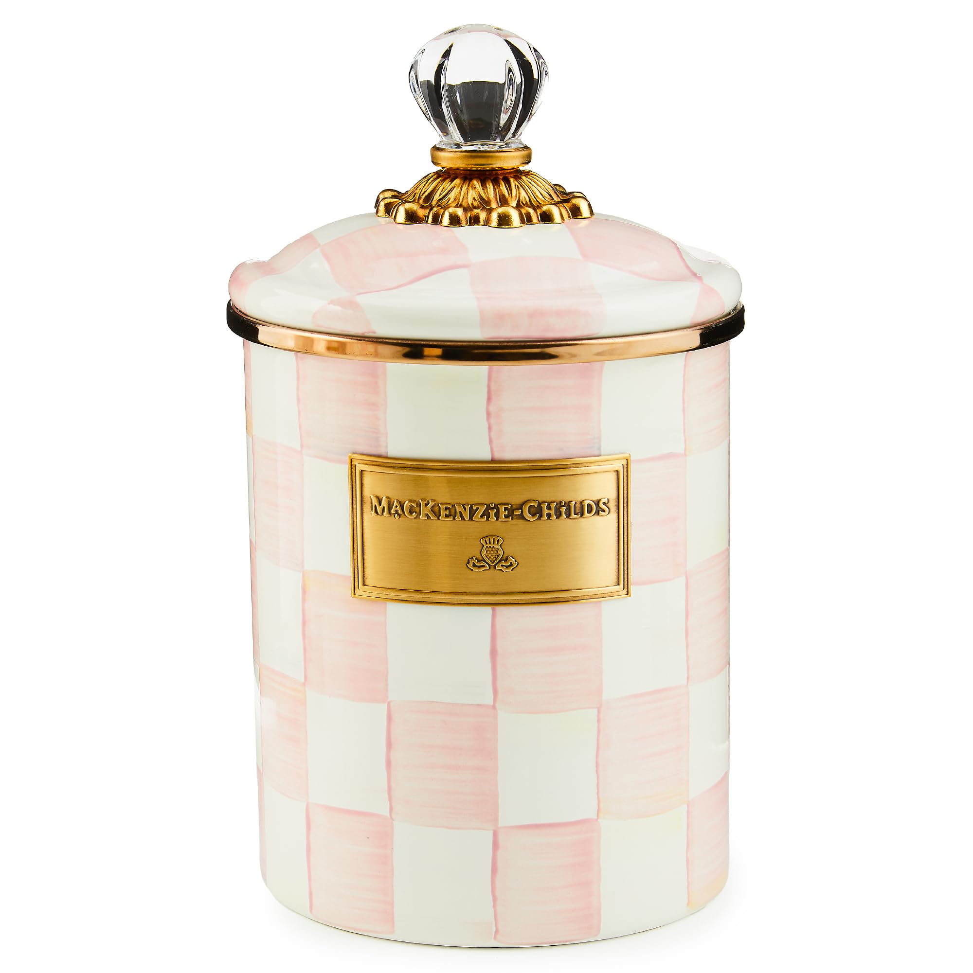 Lata esmaltada Mackenzie-Childs Rosy Check, vista frontal para almacenar harina con estilo.
