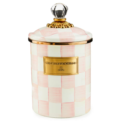 Lata esmaltada Mackenzie-Childs Rosy Check, vista frontal para almacenar harina con estilo.