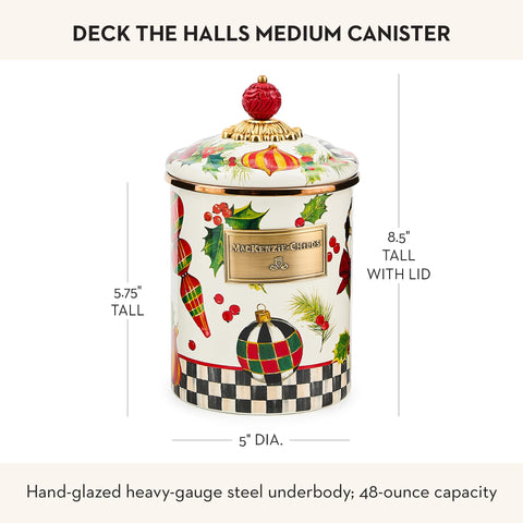 Lata esmaltada de tamaño mediano de MacKenzie-Childs para almacenamiento versátil.