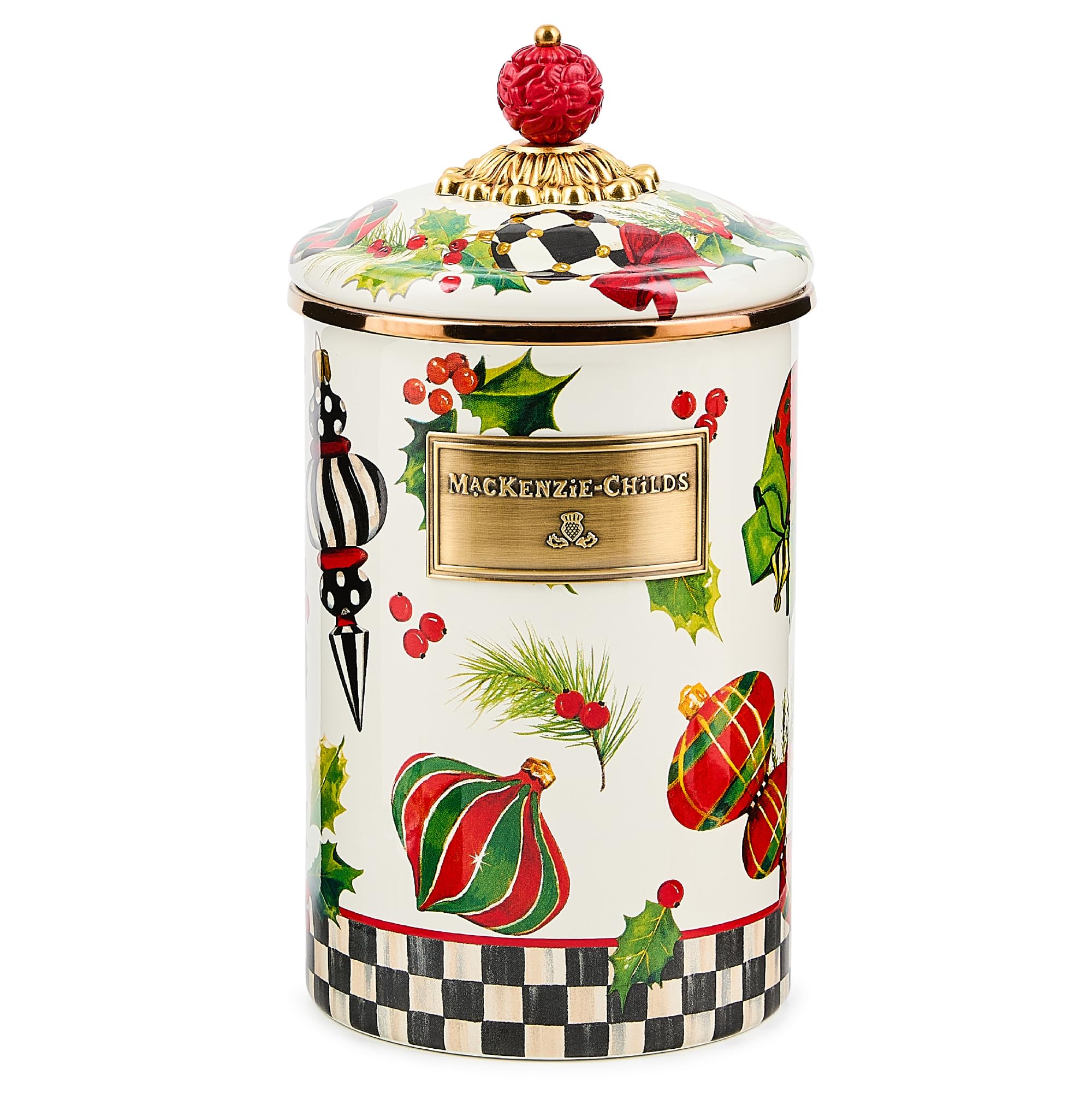 MacKenzie-Childs lata esmaltada con patrón navideño y tapa decorativa para almacenamiento
