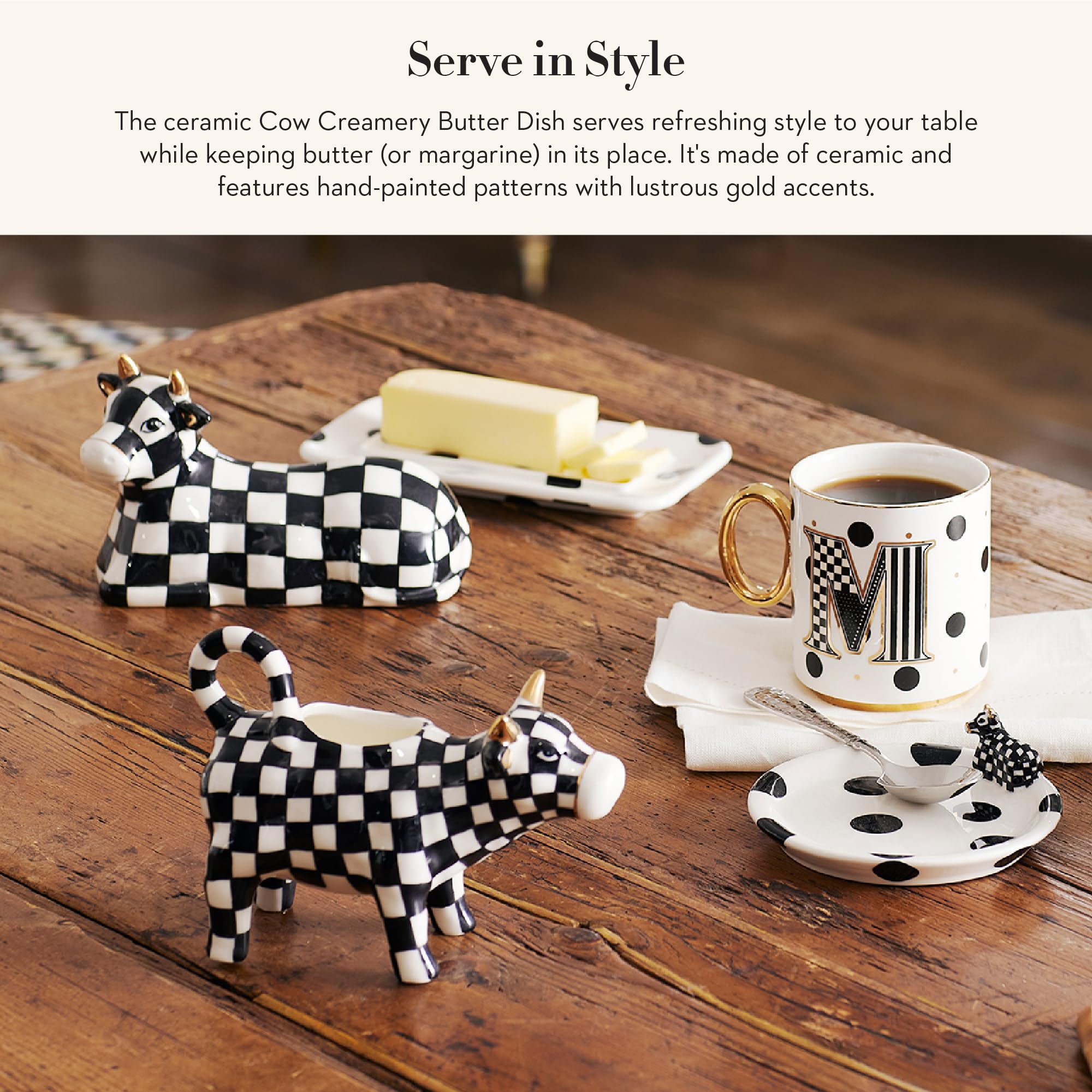 MACKENZIE-CHILDS Mantequera ceramica blanco negro con diseno de puntos, complemento ideal para la mesa.
