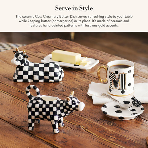 MACKENZIE-CHILDS Mantequera ceramica blanco negro con diseno de puntos, complemento ideal para la mesa.