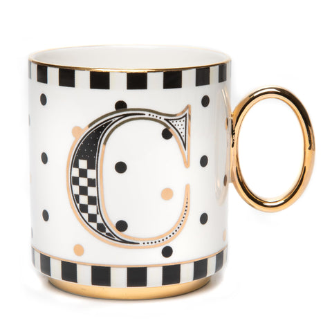 MacKenzie-Childs Mi Taza con asa y patrón blanco y negro, ideal para café diario.