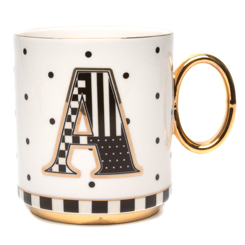 MacKenzie-Childs My Mug con letra dorada y diseño distintivo para empezar el día