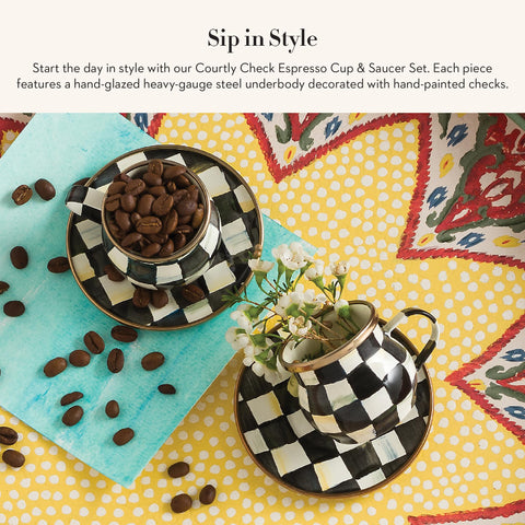 Plato para espresso MACKENZIE-CHILDS Courtly Check en negro y blanco, base estable.