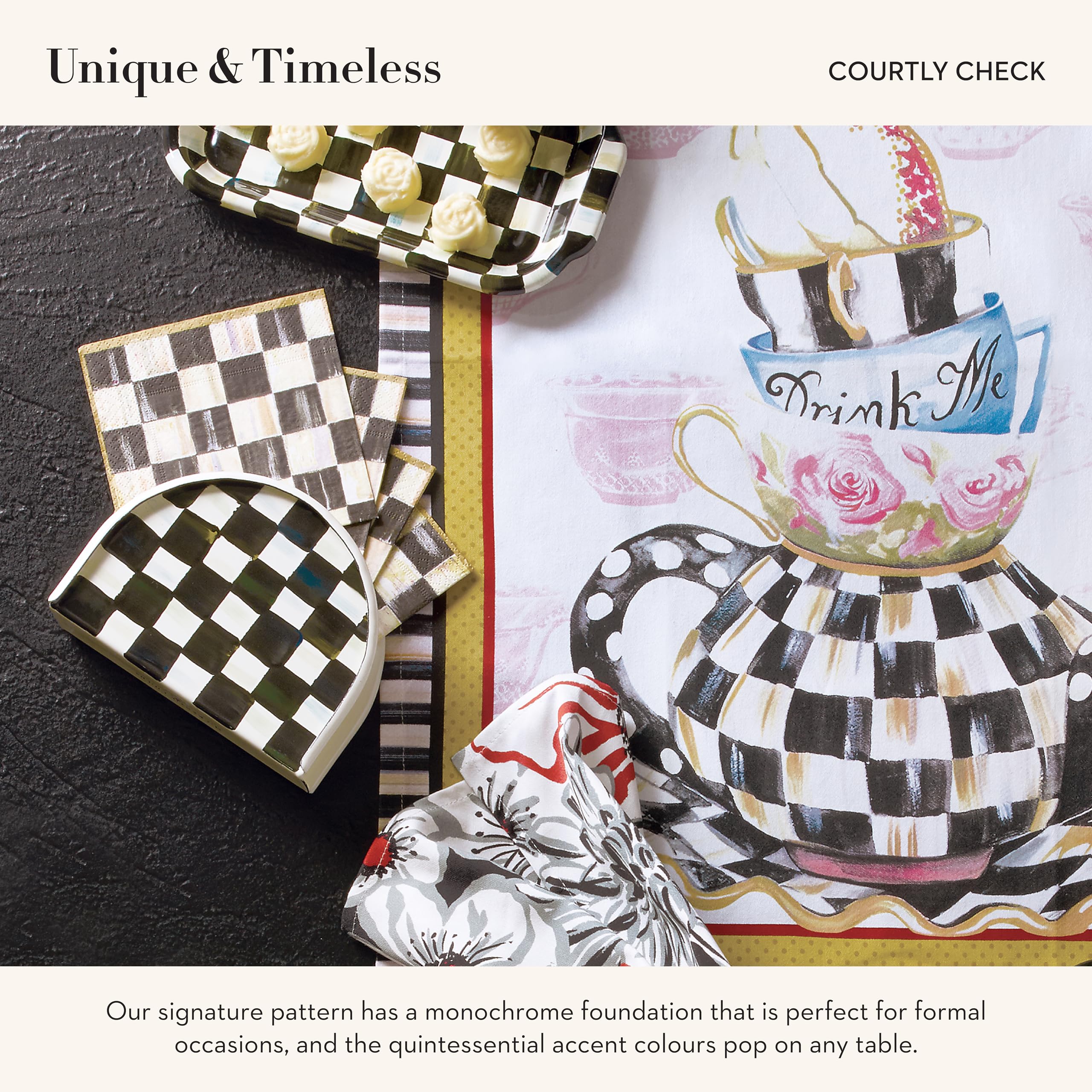 Porta-servilletas en mesa, Mackenzie-Childs, diseño Courtly Check para cena