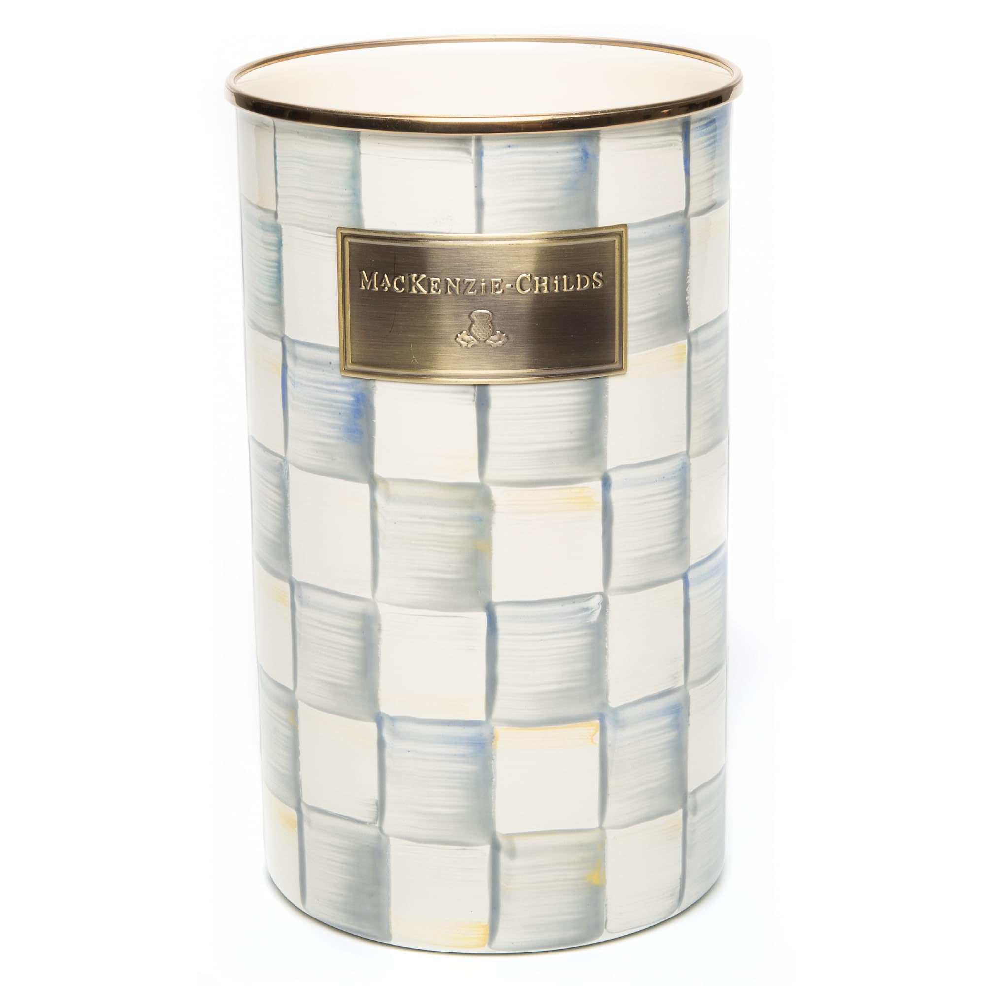 MACKENZIE-CHILDS porta utensilios esmaltado con patrón de cuadros gris, ideal para mantener utensilios a mano.