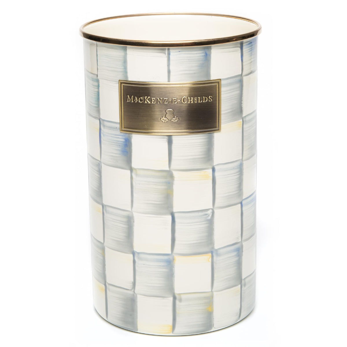 MACKENZIE-CHILDS porta utensilios esmaltado con patrón de cuadros gris, ideal para mantener utensilios a mano.