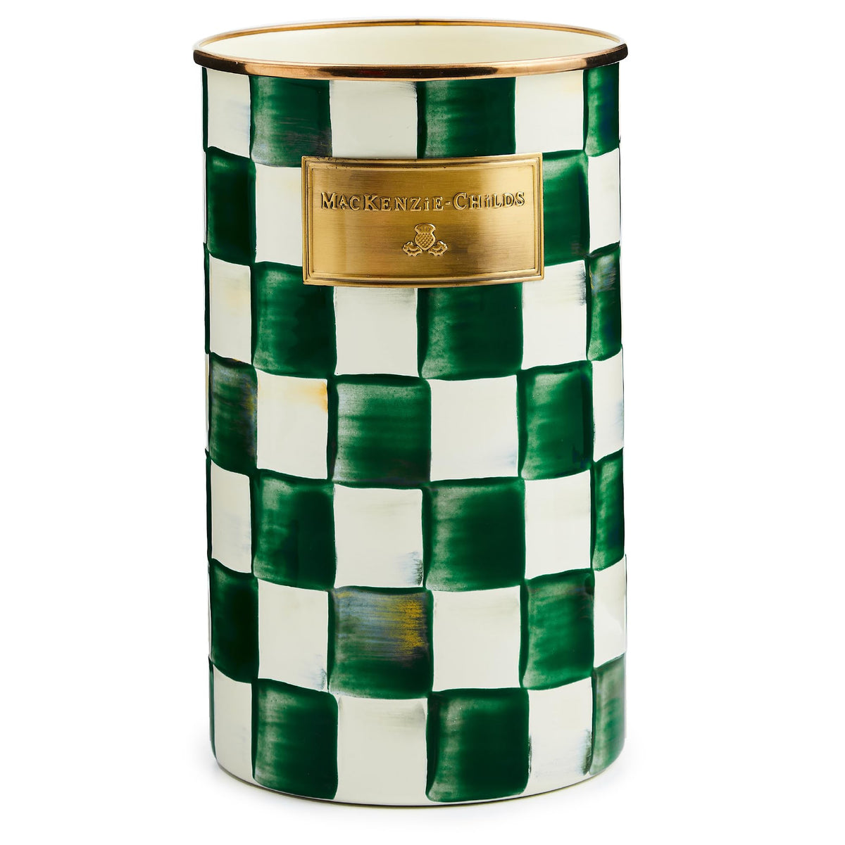 Porta-utensilios Mackenzie-Childs esmaltado con cuadros esmeralda para la cocina.