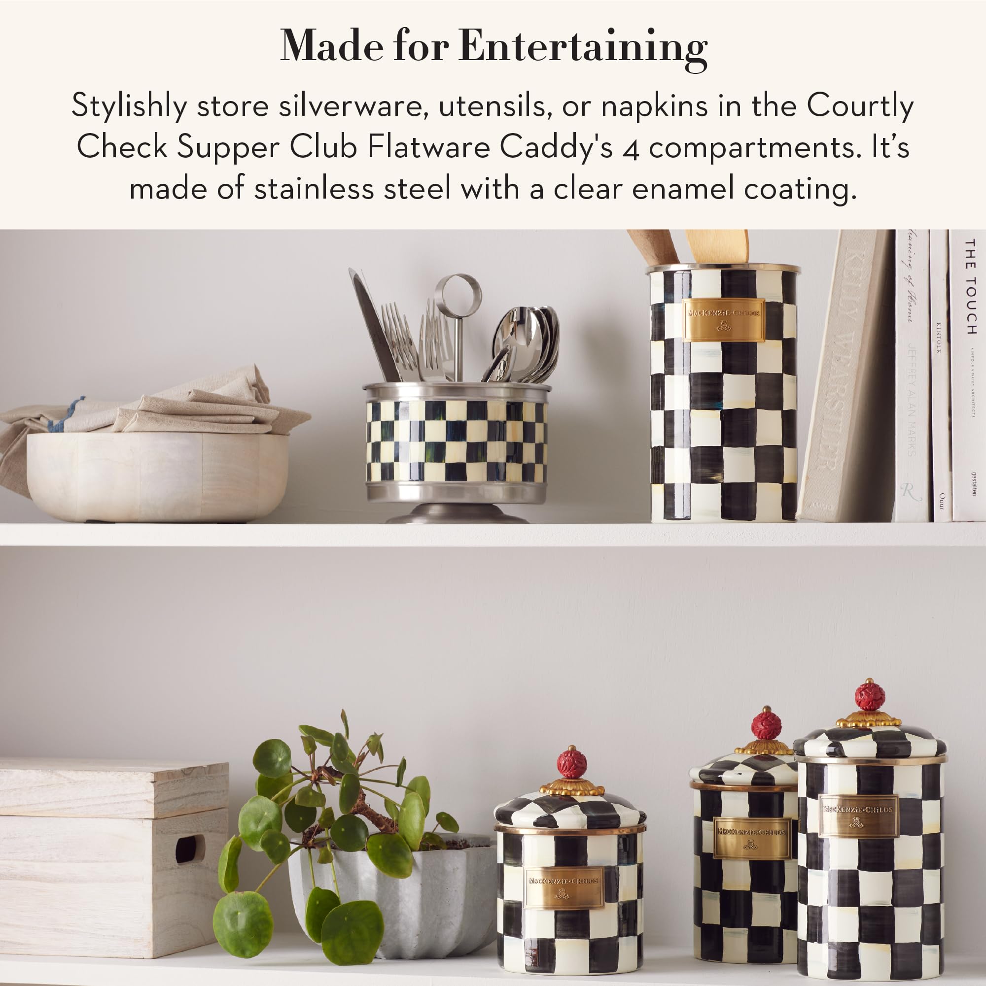MACKENZIE-CHILDS portanapkins Courtly Check para mesa limpia y organizada.