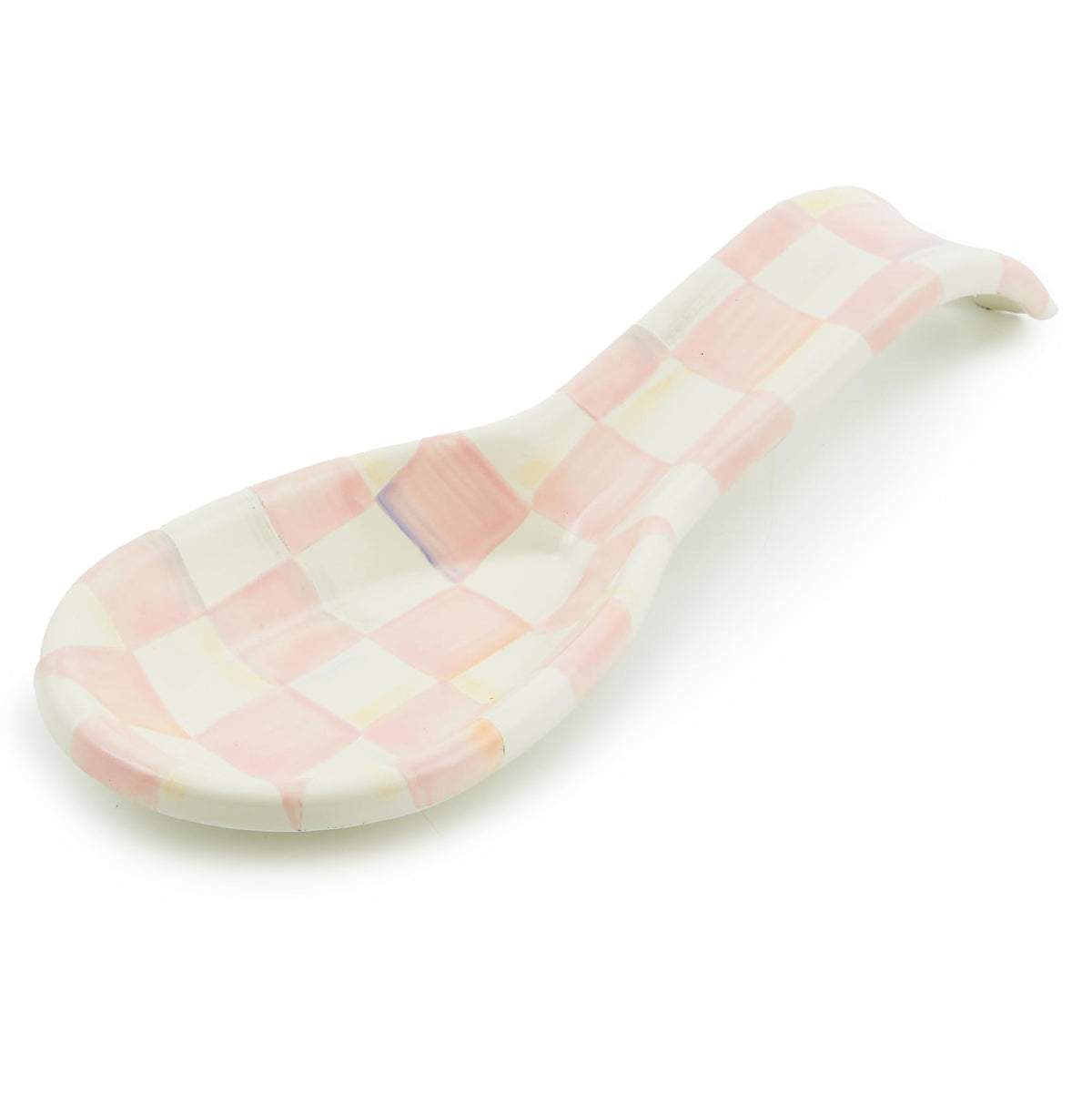 Reposacucharas esmaltado Mackenzie-Childs con cuadros rosas y blancos para mantener la encimera ordenada