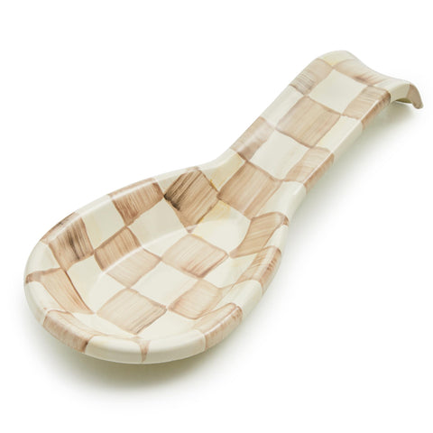 MacKenzie-Childs reposacucharas esmaltado Mocha Check para ordenar cucharas y encimeras limpias.