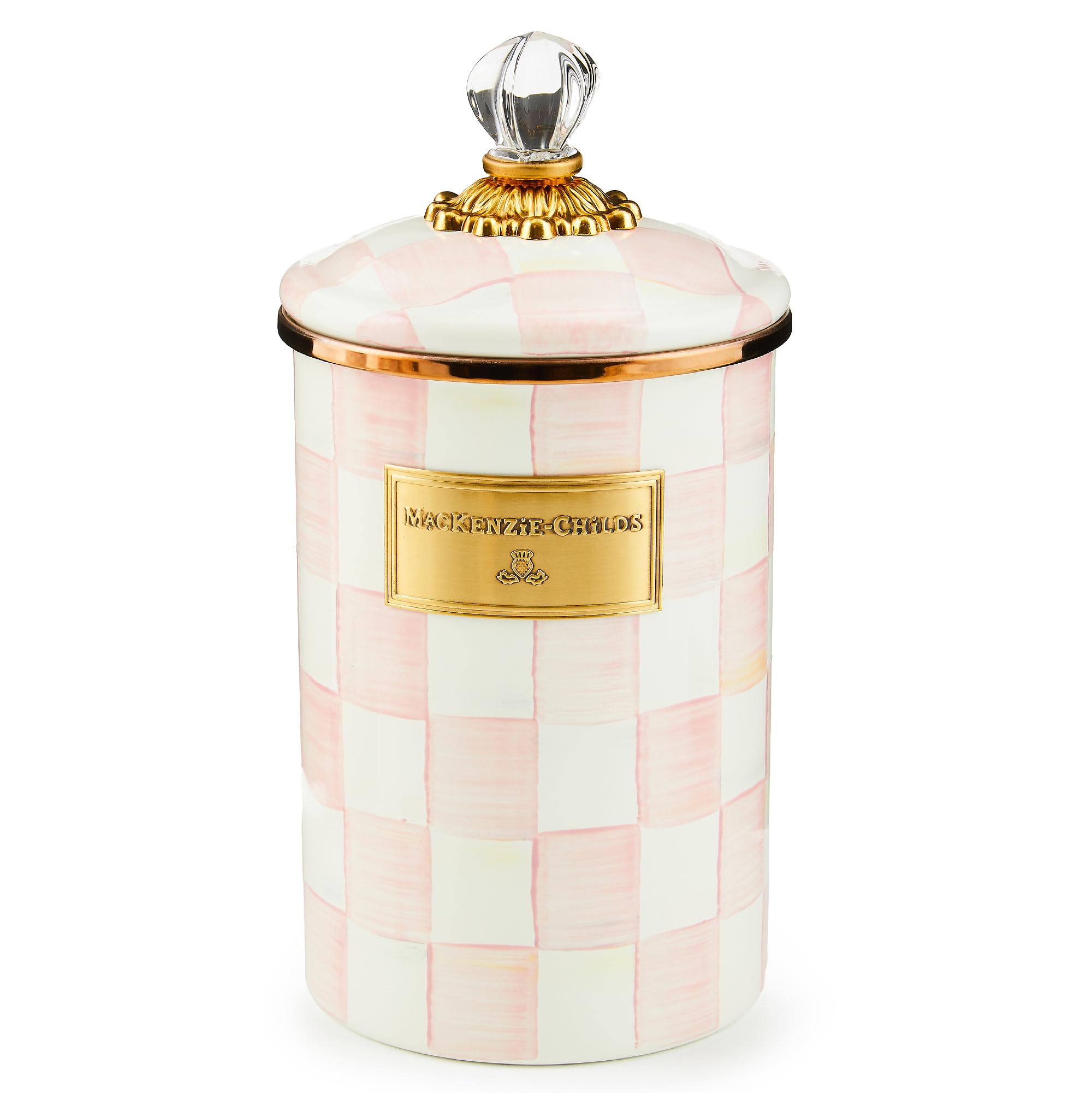 MacKenzie-Childs tarro esmaltado Rosy Check con tapa de cristal para almacenamiento elegante.