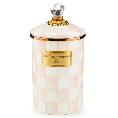 MacKenzie-Childs tarro esmaltado Rosy Check con tapa de cristal para almacenamiento elegante.