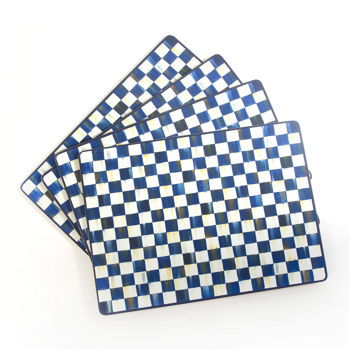 Manteles Mackenzie-Childs con Royal Check azul y blanco y respaldo de corcho para evitar deslizamientos