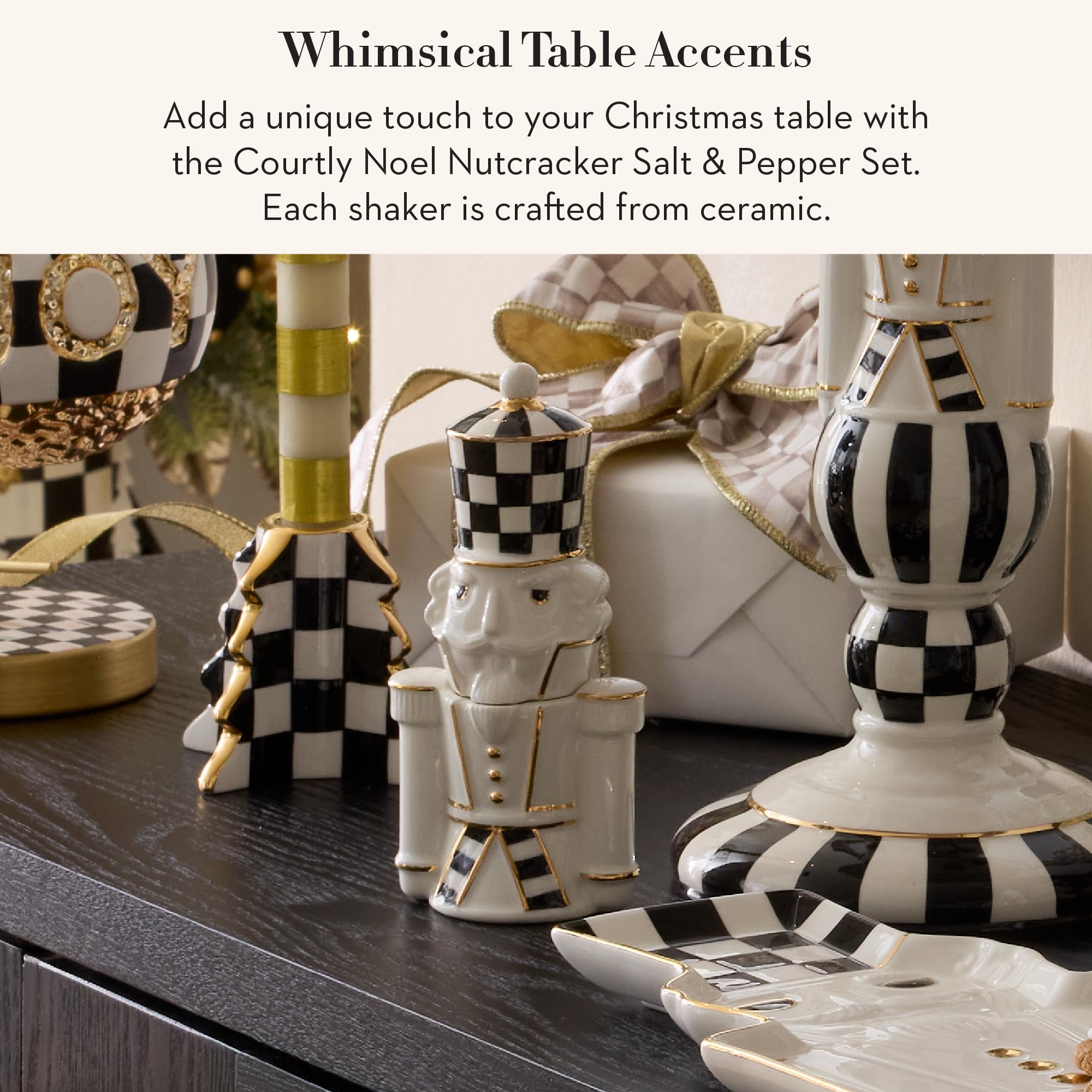 MACKENZIE-CHILDS salero cerámico negro y blanco, toque elegante para la mesa.