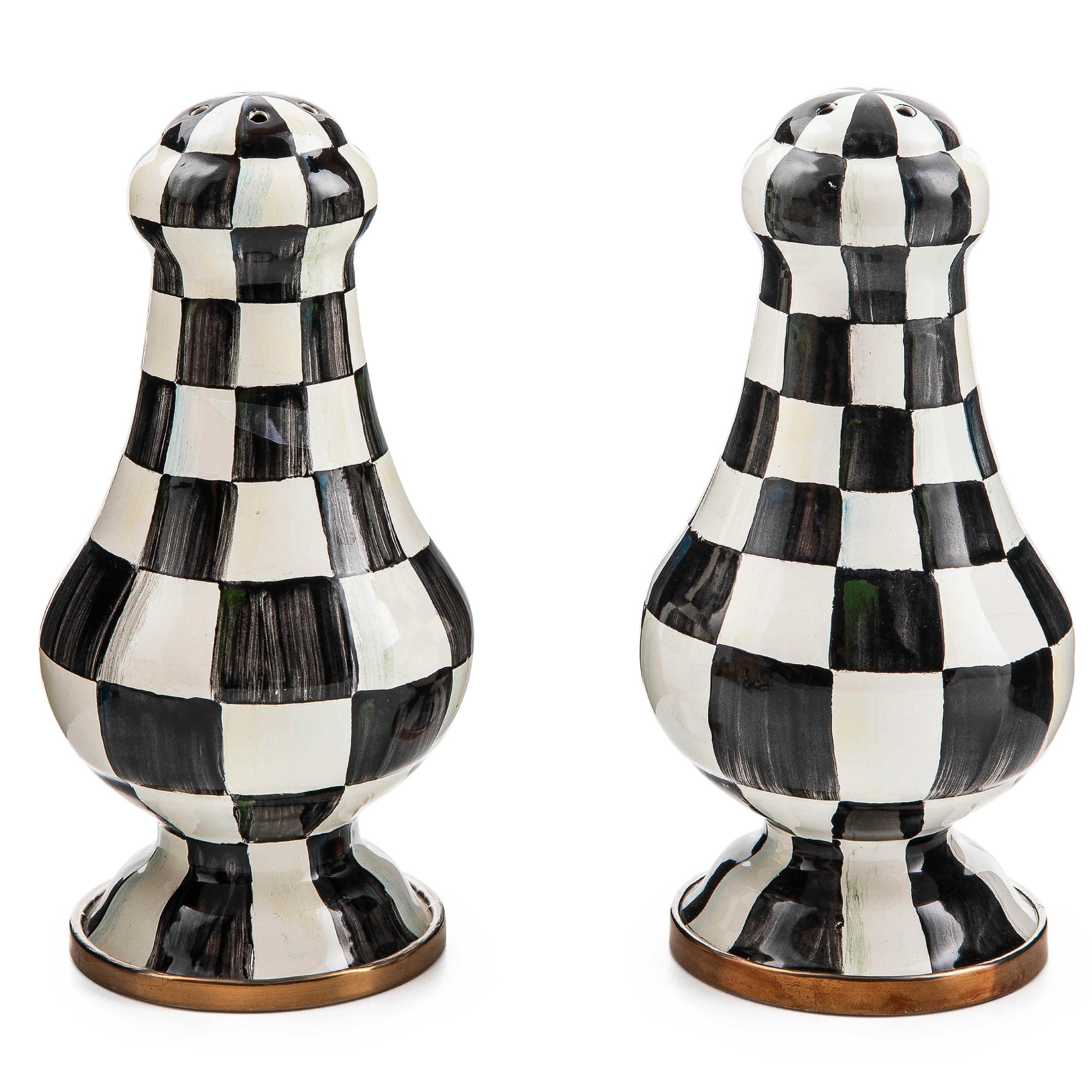 MacKenzie-Childs salero y pimentero esmaltados Courtly Check para mesa elegante.
