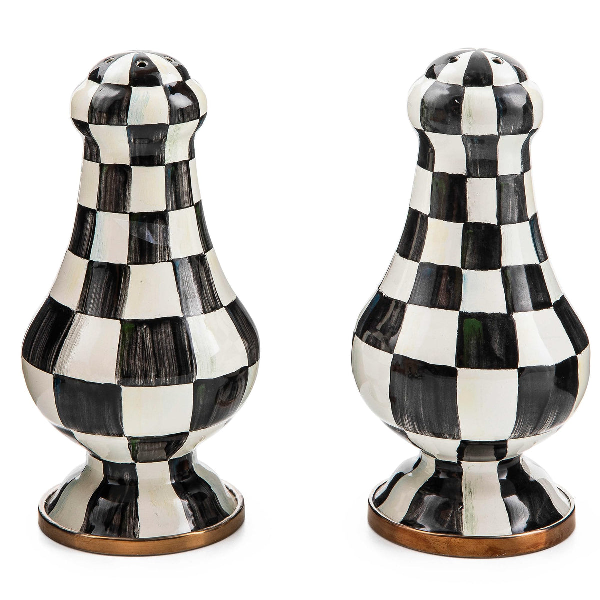 MacKenzie-Childs salero y pimentero esmaltados Courtly Check para mesa elegante.