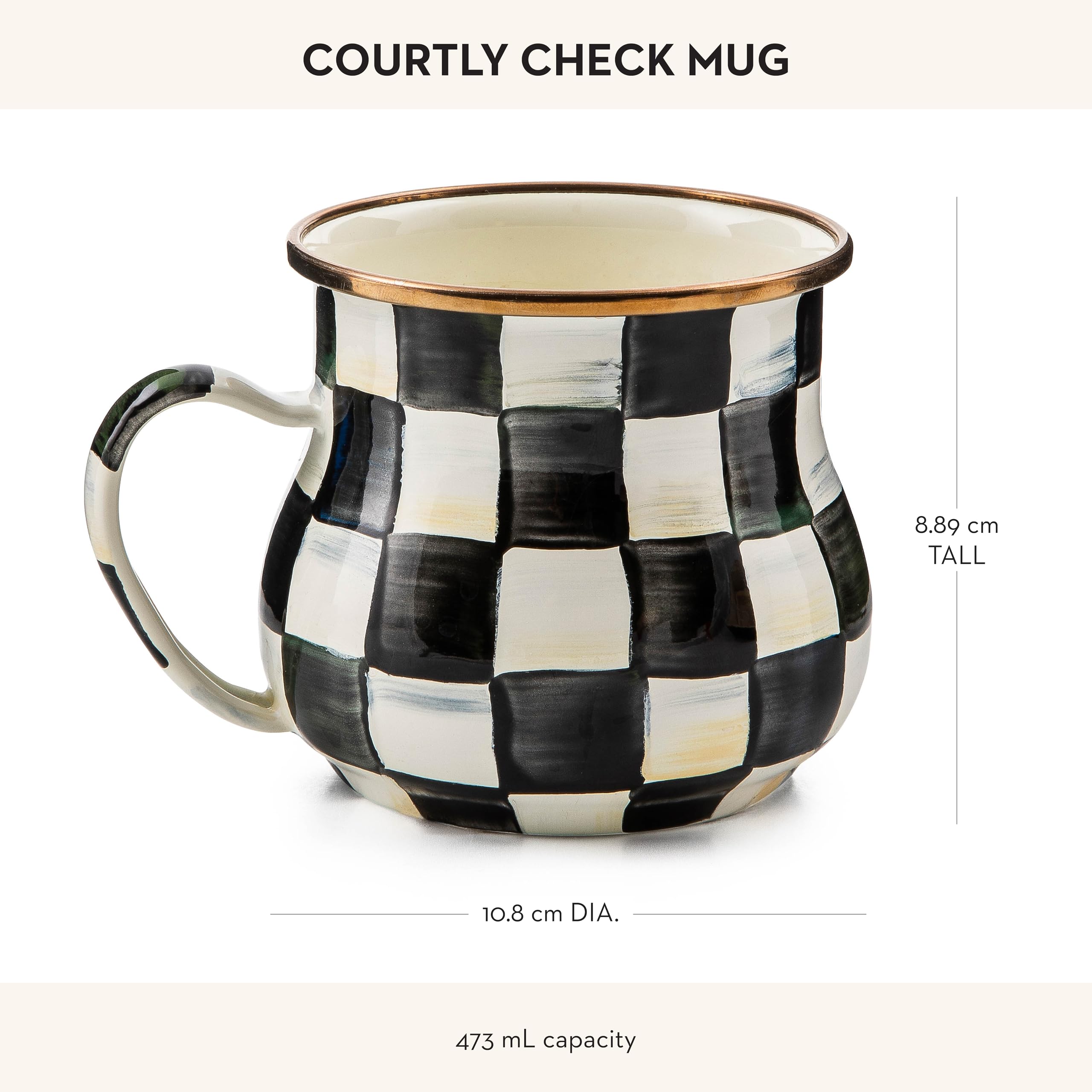 MacKenzie-Childs taza enamele interior negro, diseño clásico para café.