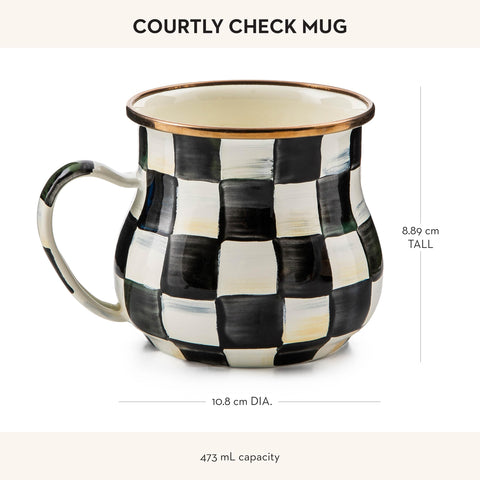 MacKenzie-Childs taza enamele interior negro, diseño clásico para café.
