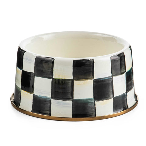 Tazon para mascotas mackenzie-childs esmaltado courtly check en negro y blanco, duradero para comidas diarias.