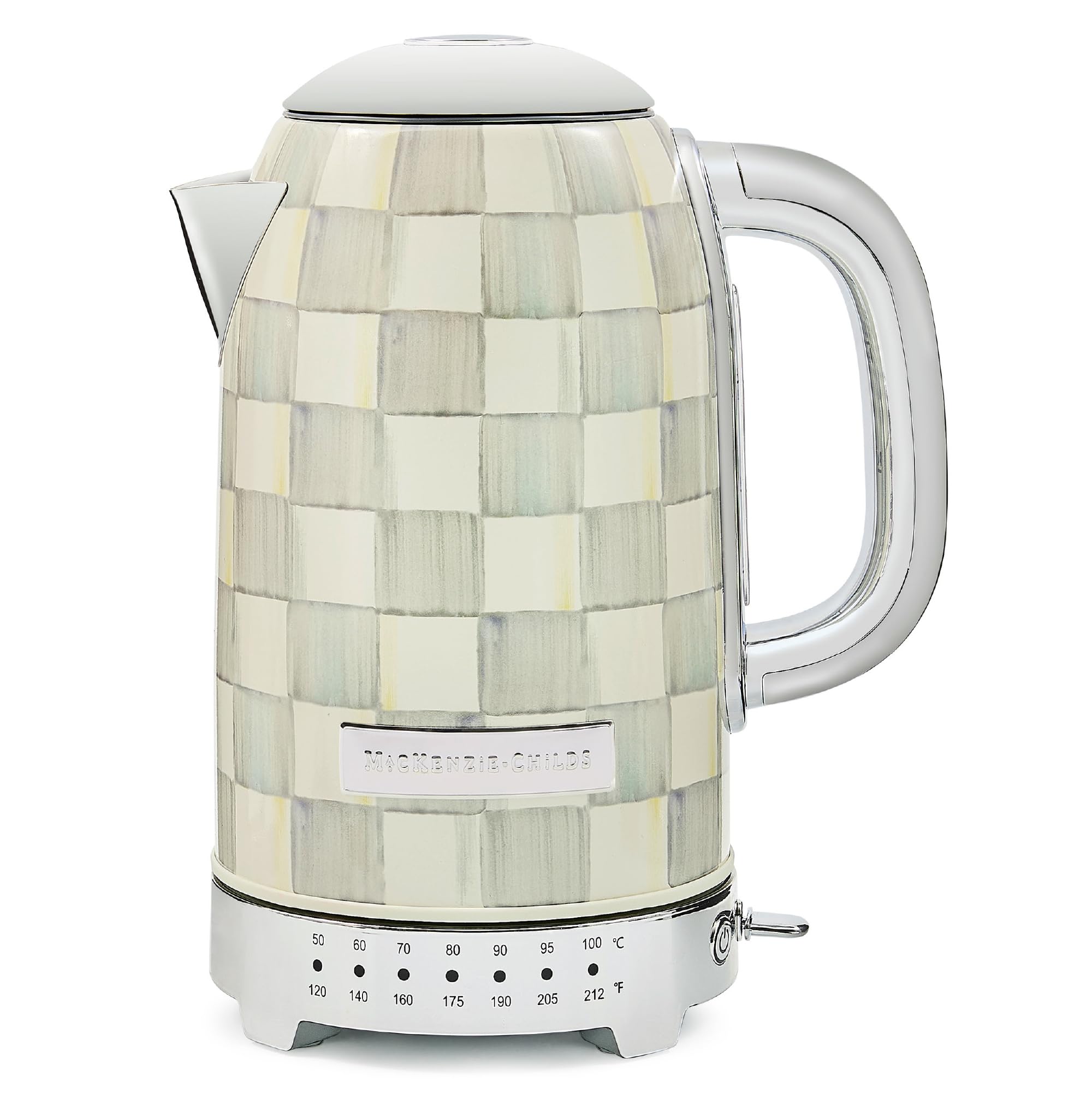 Tetera eléctrica Mackenzie-Childs con patrón gris y blanco en cuadros para la cocina.
