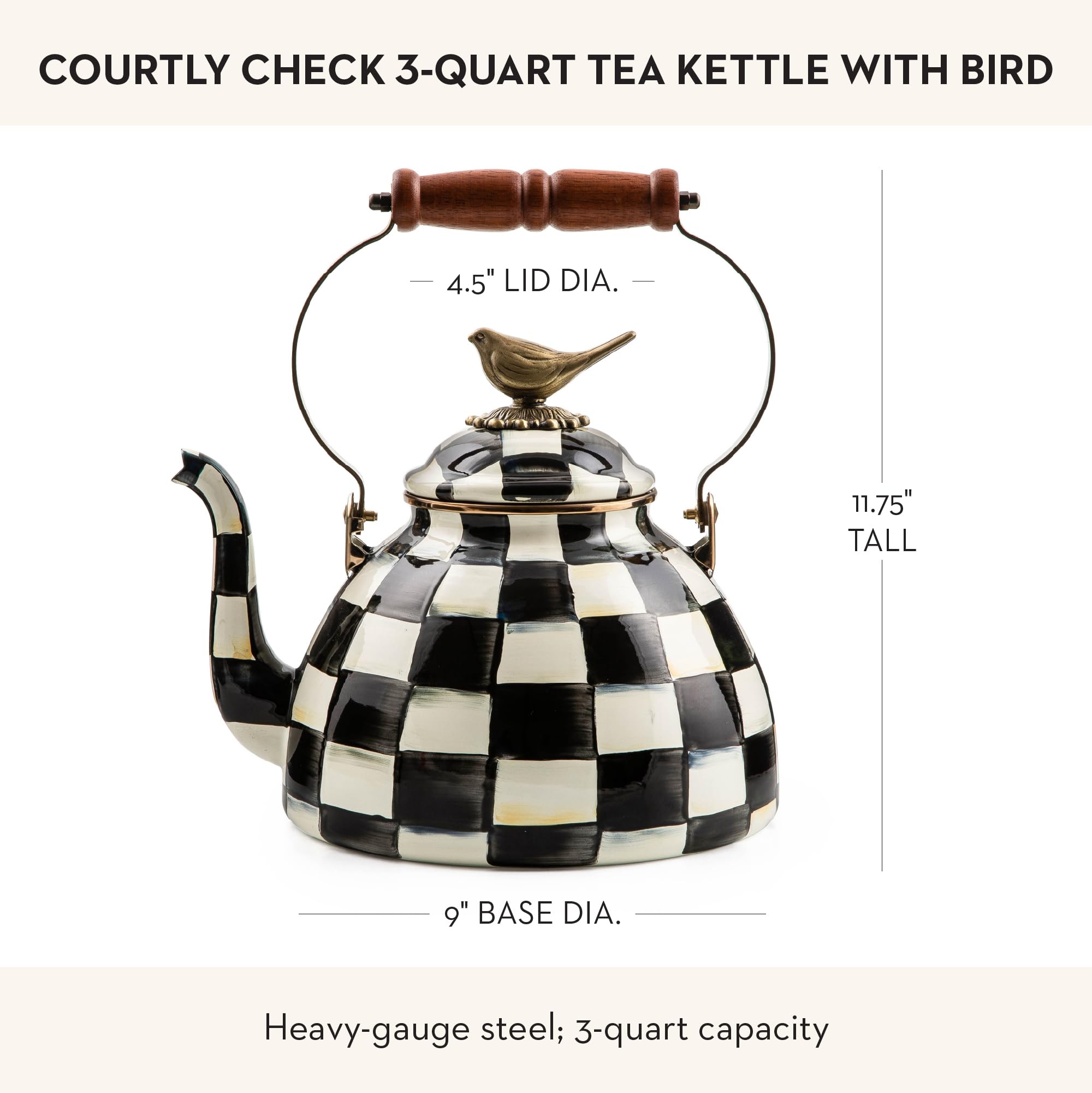 Tetera Mackenzie-Childs de acero esmaltado, capacidad de 3 cuartos para té caliente.