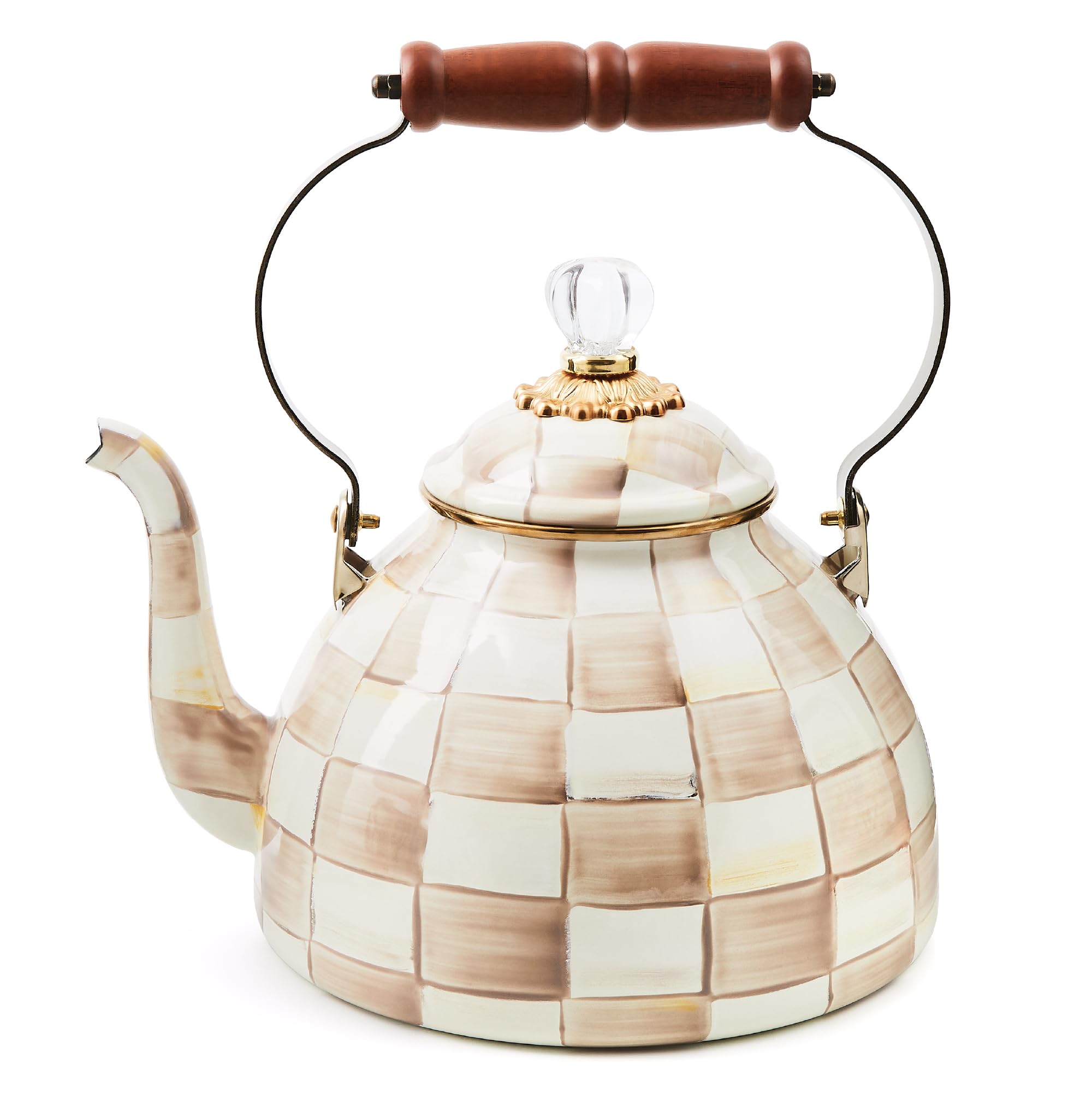 Tetera esmaltada Mackenzie-Childs, tapa de vidrio para hervir agua con estilo.