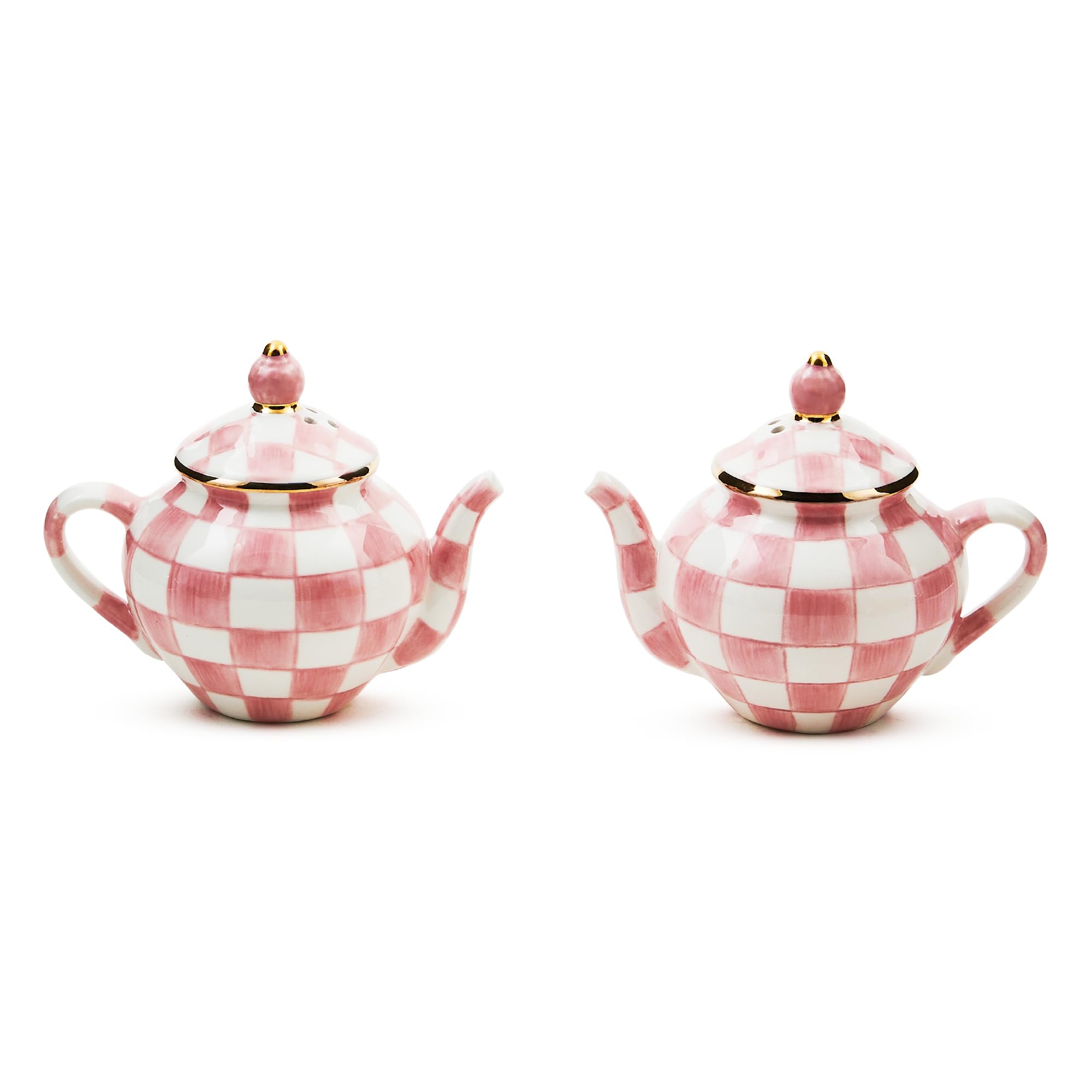 MACKENZIE-CHILDS tetera-salero-pimienta Rosy Check: servicio elegante en la mesa.