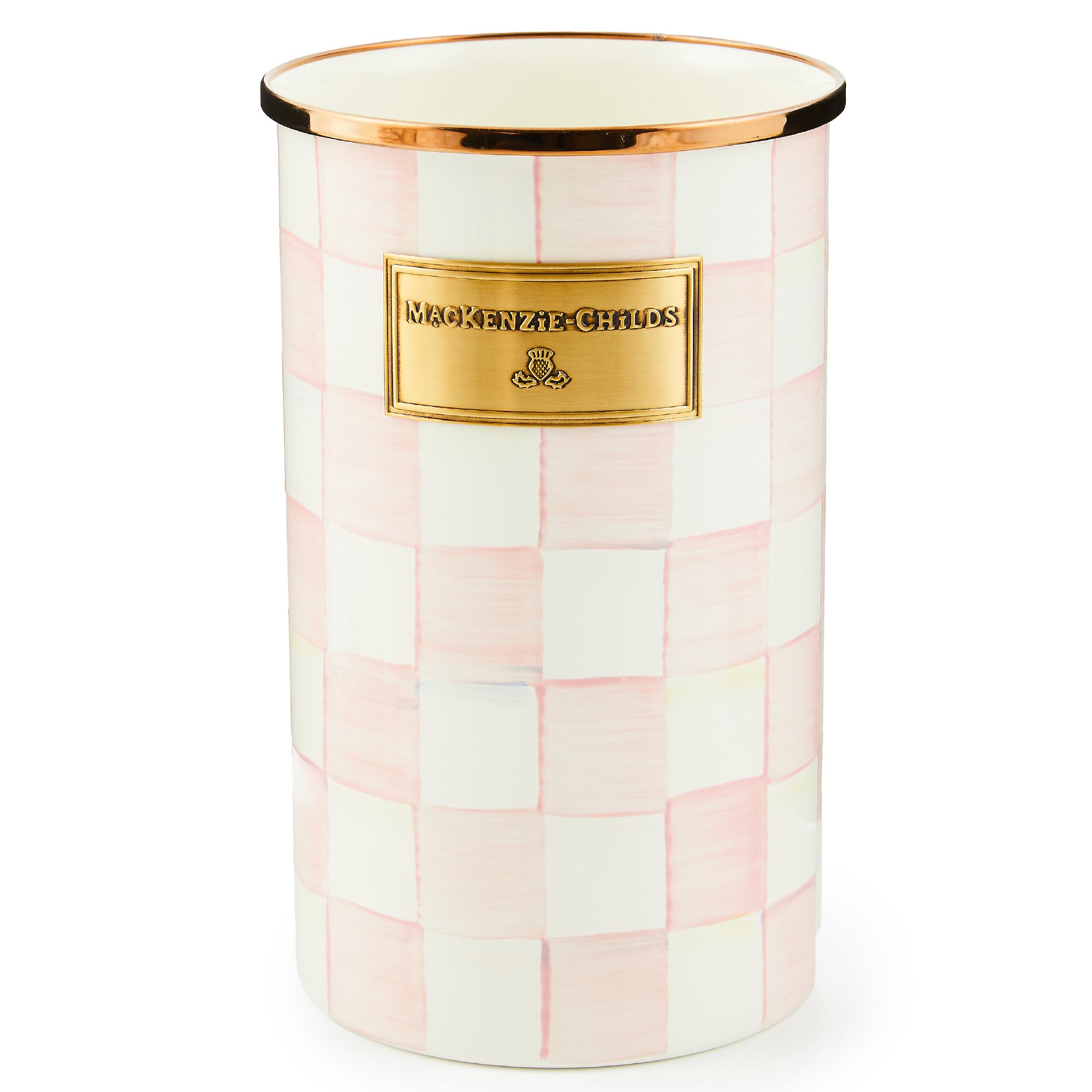 MacKenzie-Childs portautensilios de esmalte Rosy Check, vista frontal para mantener utensilios ordenados.