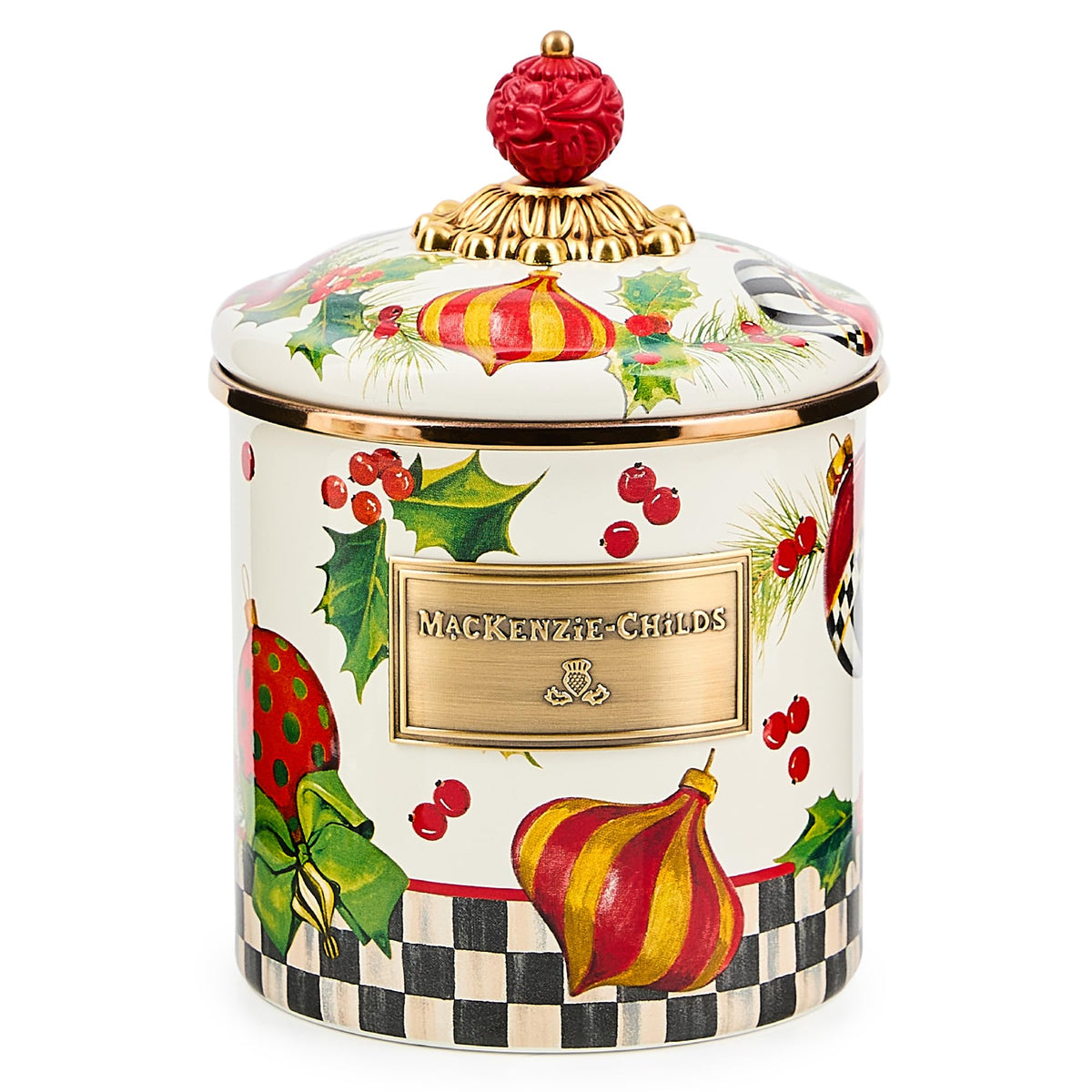 MACKENZIE-CHILDS tarro esmaltado con patrón navideño para almacenamiento elegante.