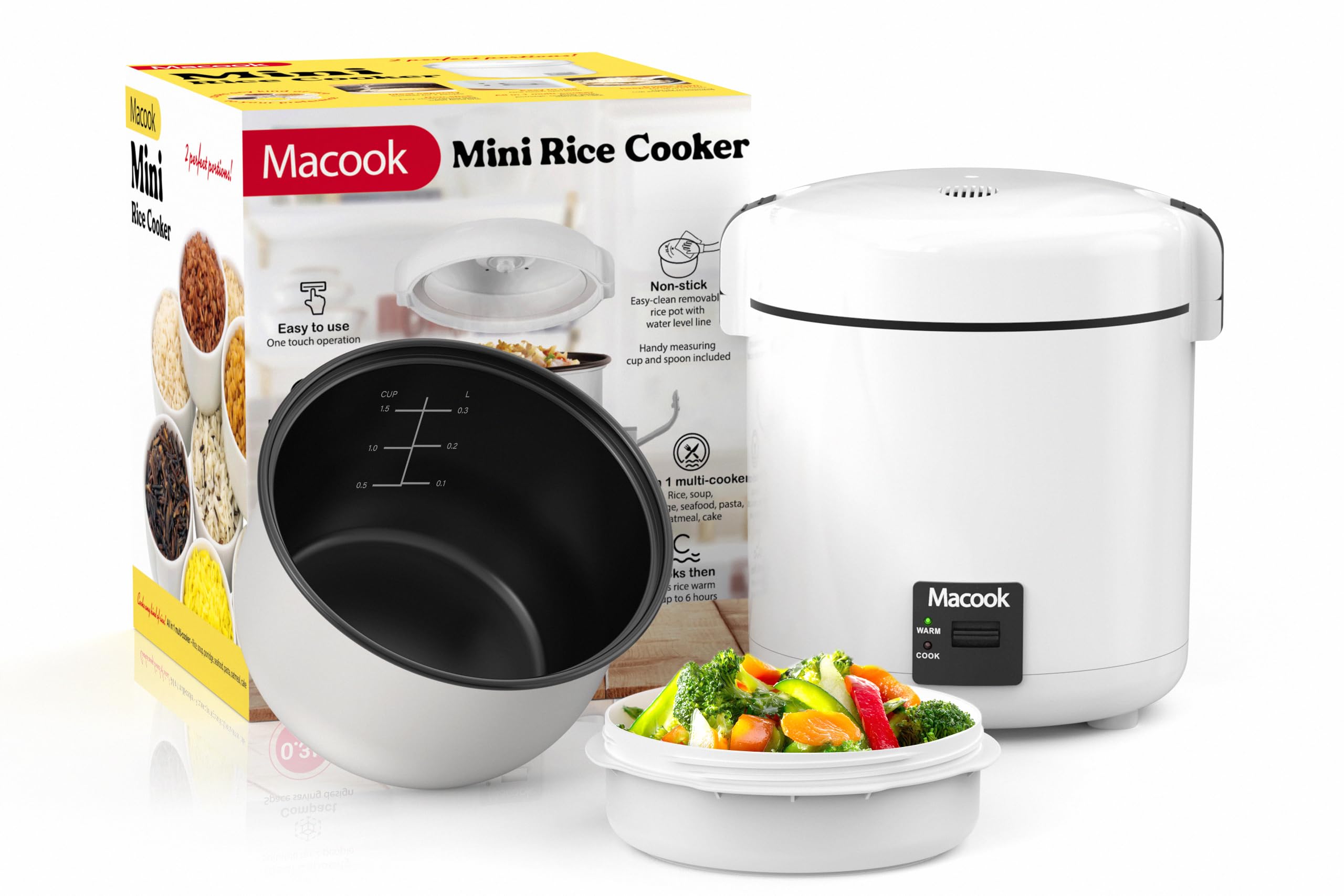 Macook Olla Arroz Mini Negra, vista frontal, ideal para cocinas pequeñas.
