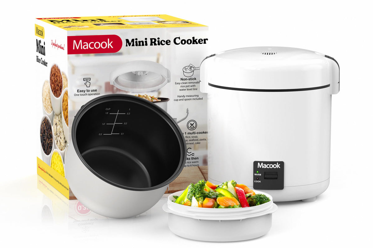 Macook Olla Arroz Mini Negra, vista frontal, ideal para cocinas pequeñas.