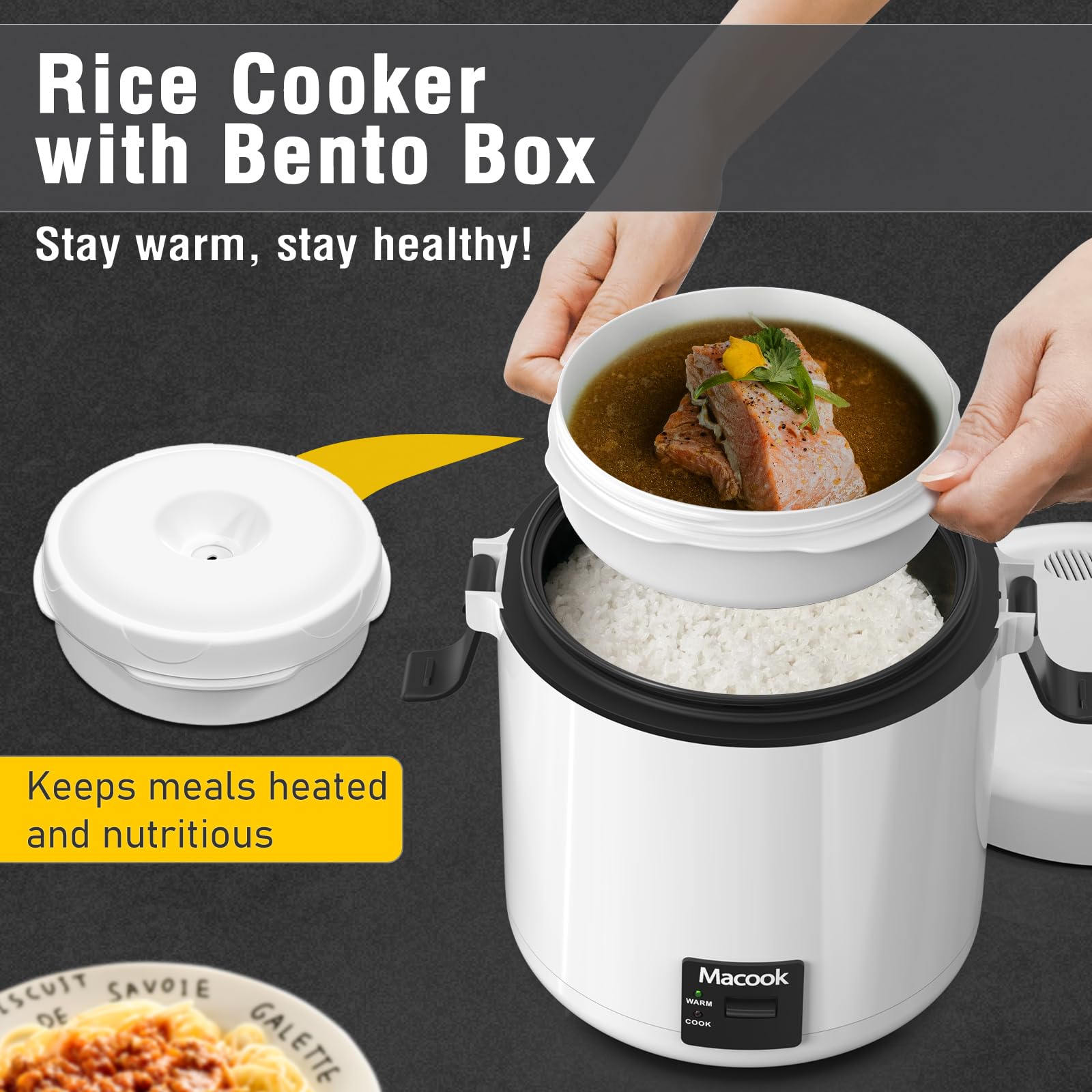 Macook Olla Arroz Mini Negra con tapa abierta para comidas rápidas.