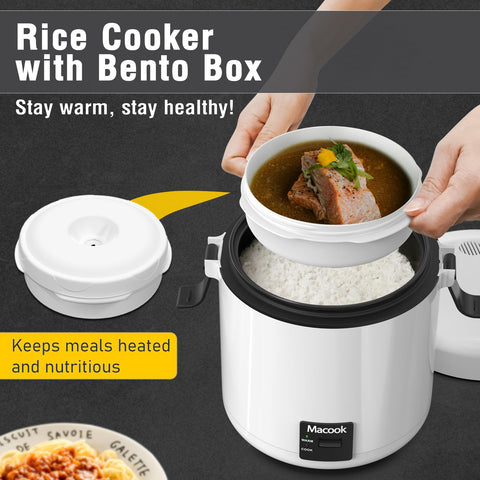 Macook Olla Arroz Mini Negra con tapa abierta para comidas rápidas.