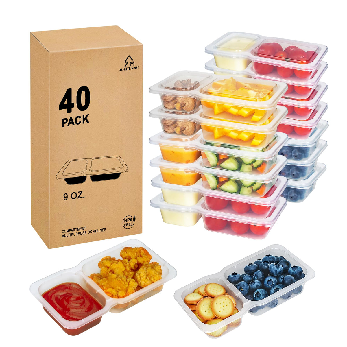 MACTANO 9 OZ envase de snacks de doble compartimento para porciones separadas.