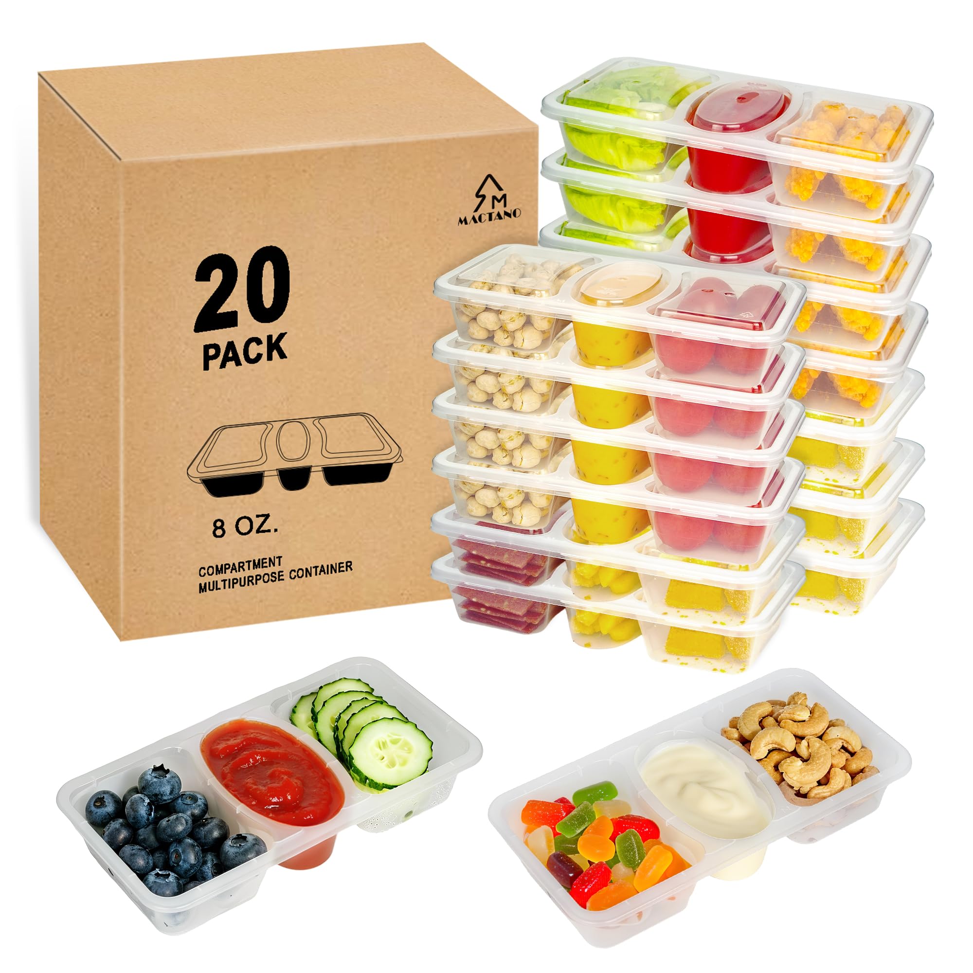 MACTANO envases snack tres compartimentos con tapas, ideales para meriendas variadas.