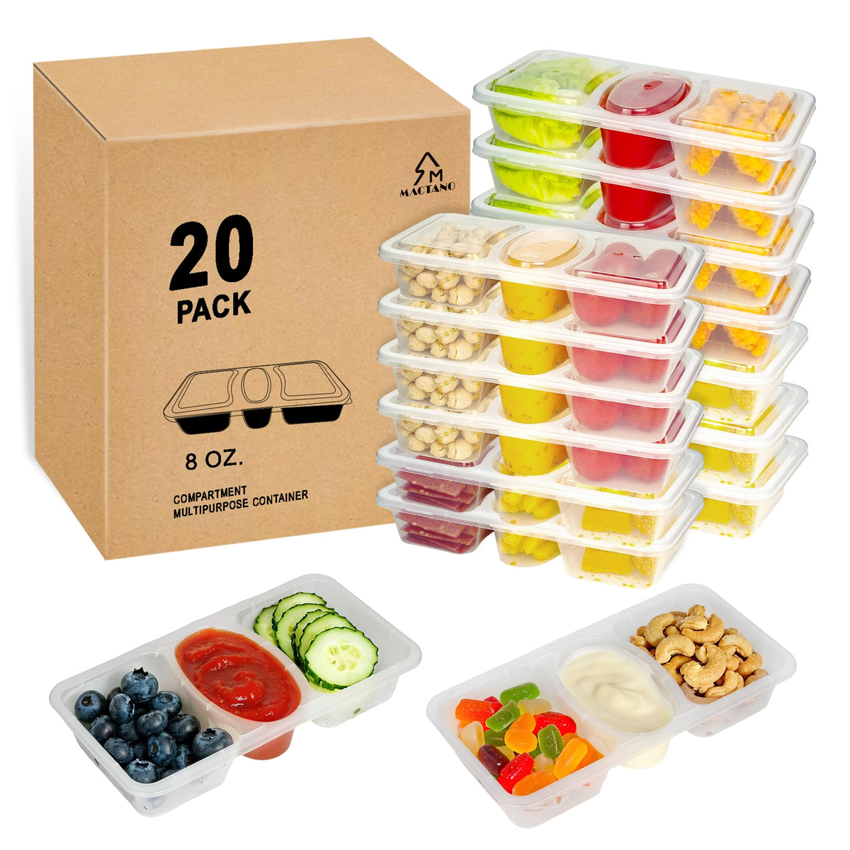 MACTANO envases snack tres compartimentos con tapas, ideales para meriendas variadas.