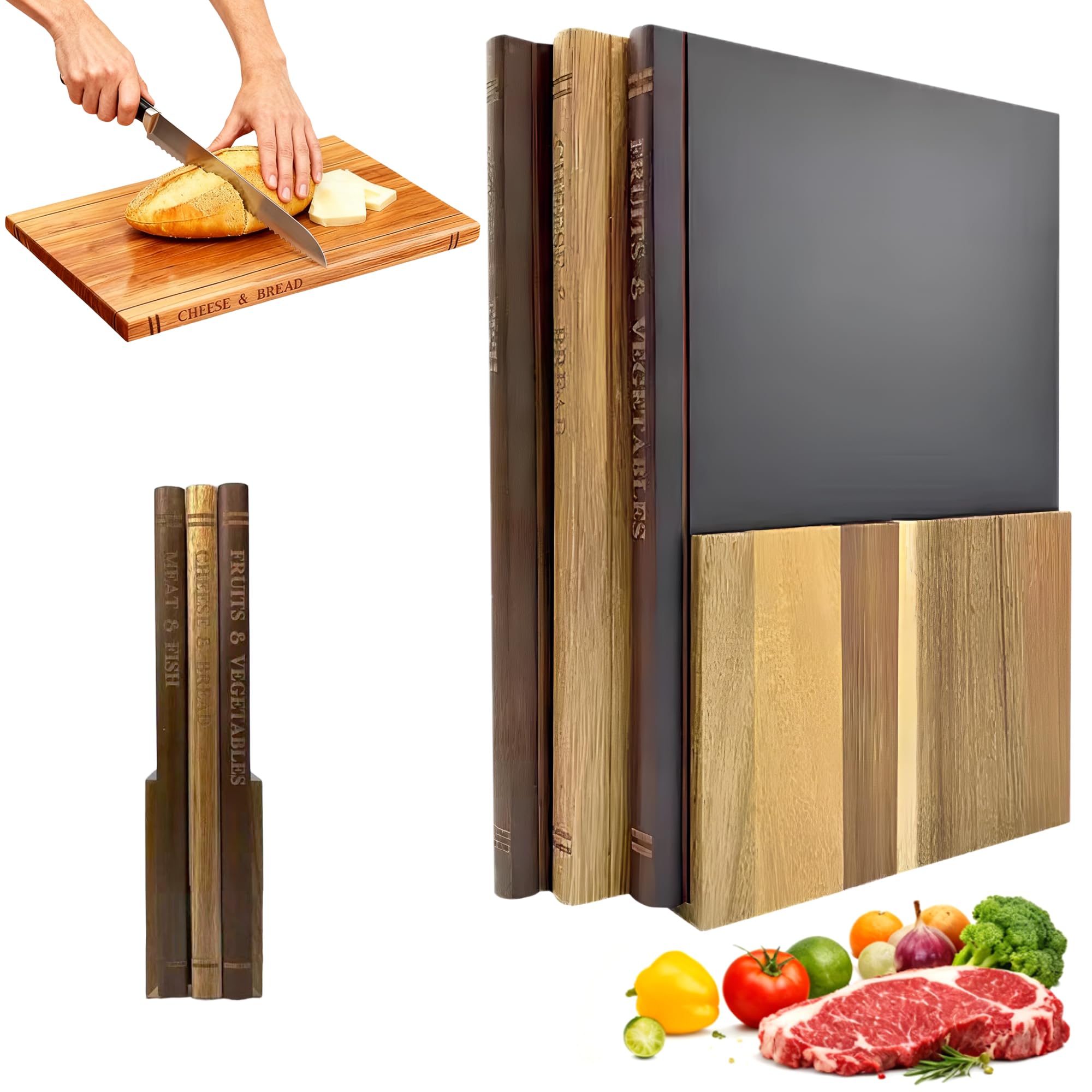 MACTANO tabla de corte libro en acacia con base para almacenamiento