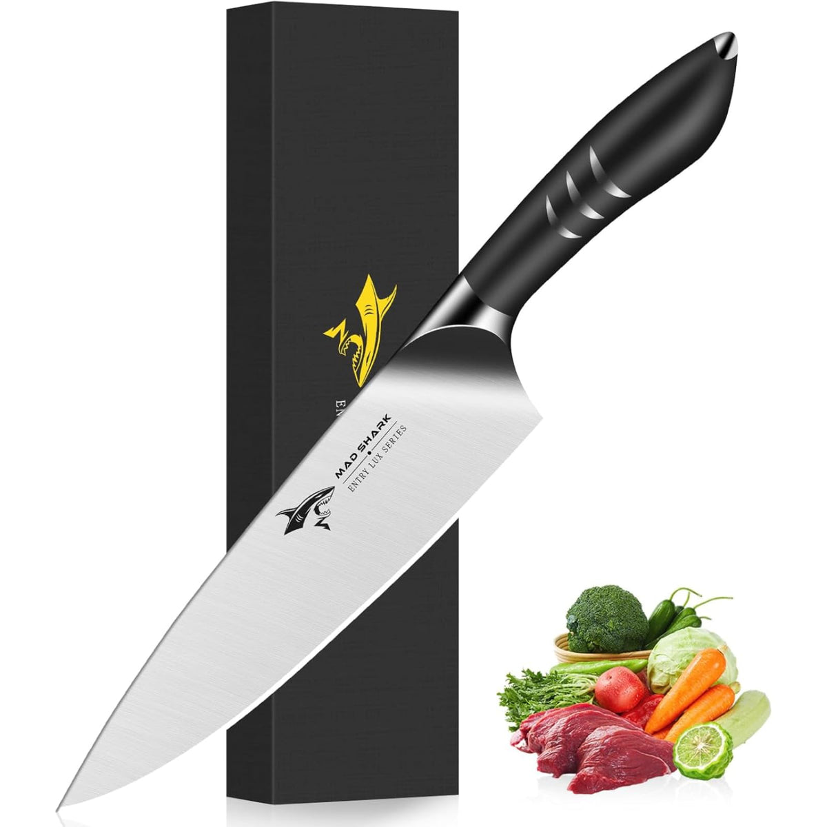 MAD SHARK cuchillo chef 8 pulgadas, hoja pulida para cortes precisos en la cocina.