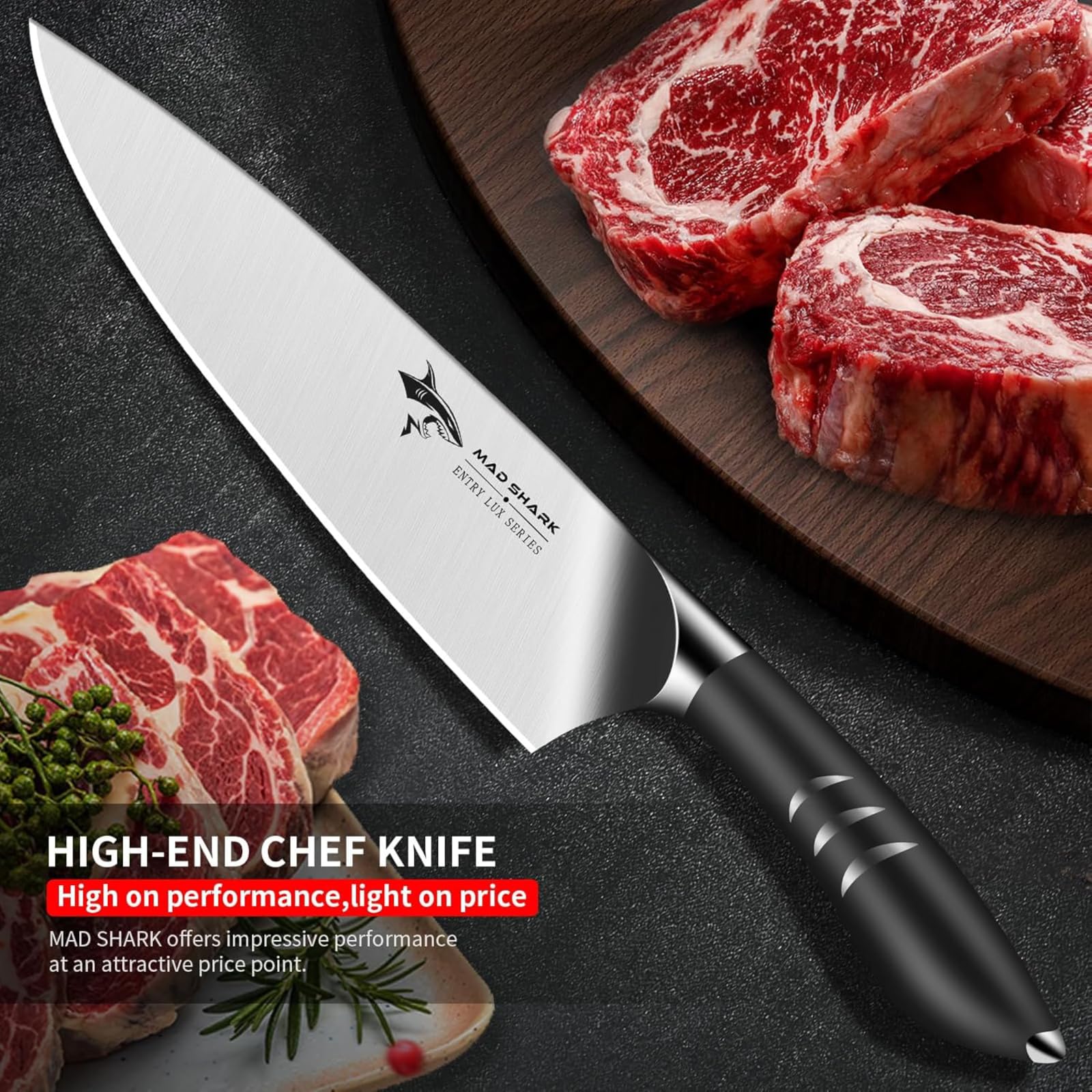 MAD SHARK cuchillo chef, acero alto carbono, durabilidad para uso diario.