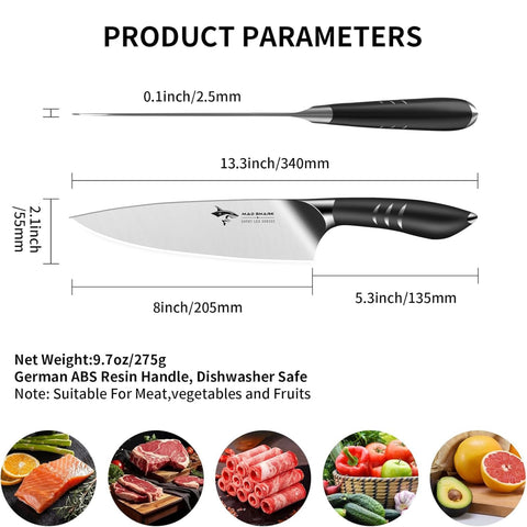 MAD SHARK cuchillo chef, mango ergonómico para uso cómodo en preparaciones largas.