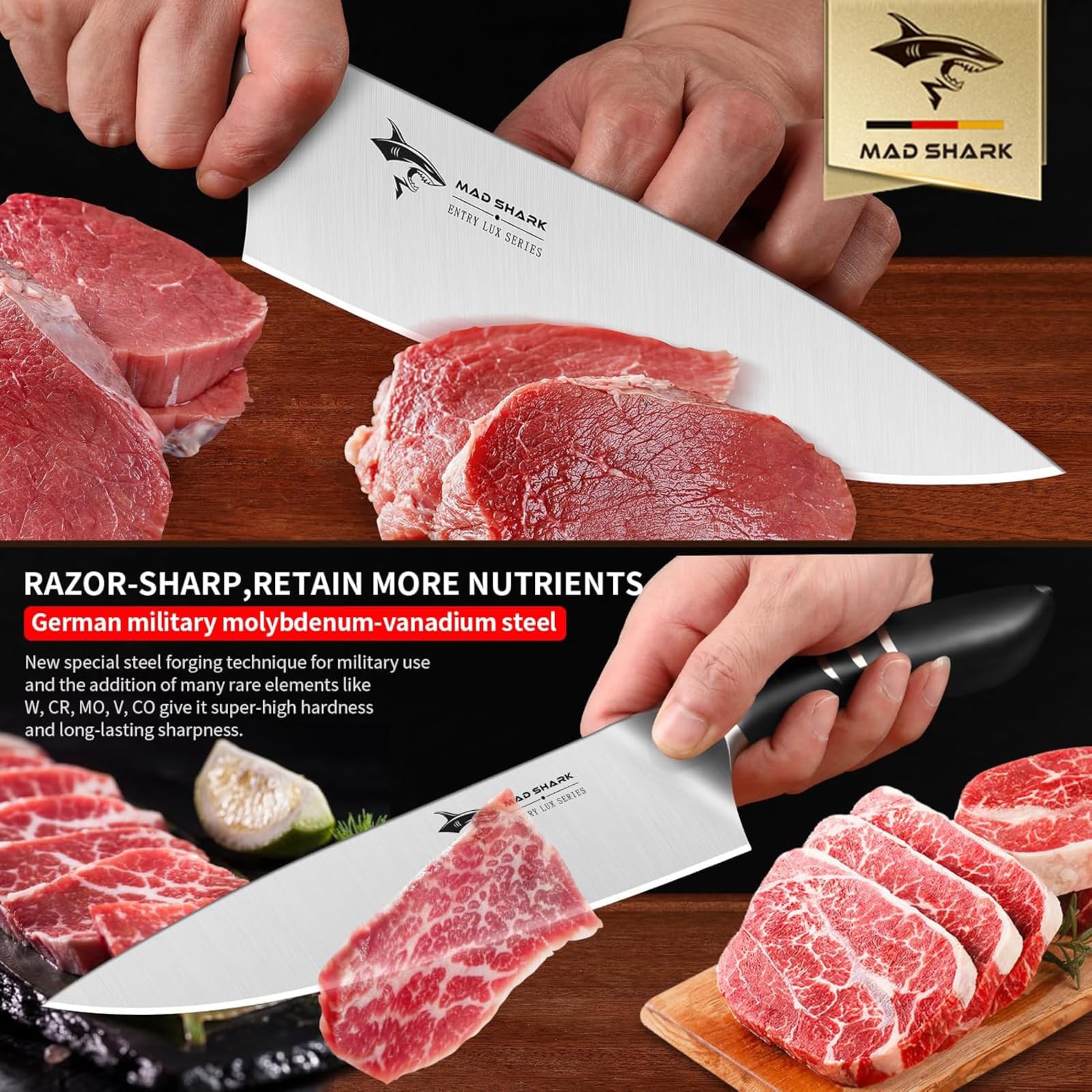 MAD SHARK cuchillo chef templado en hielo, hoja resistente a oxidación y humedad.