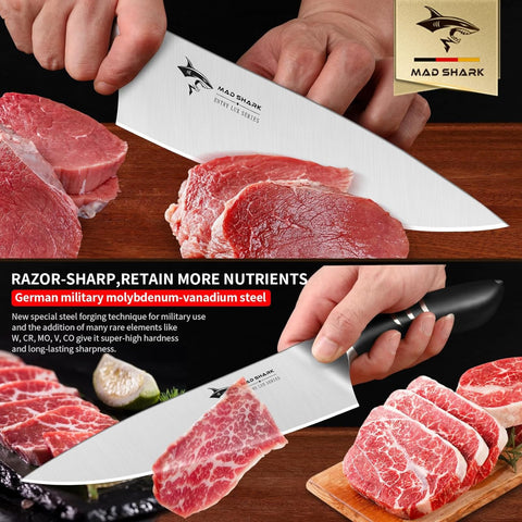 MAD SHARK cuchillo chef templado en hielo, hoja resistente a oxidación y humedad.